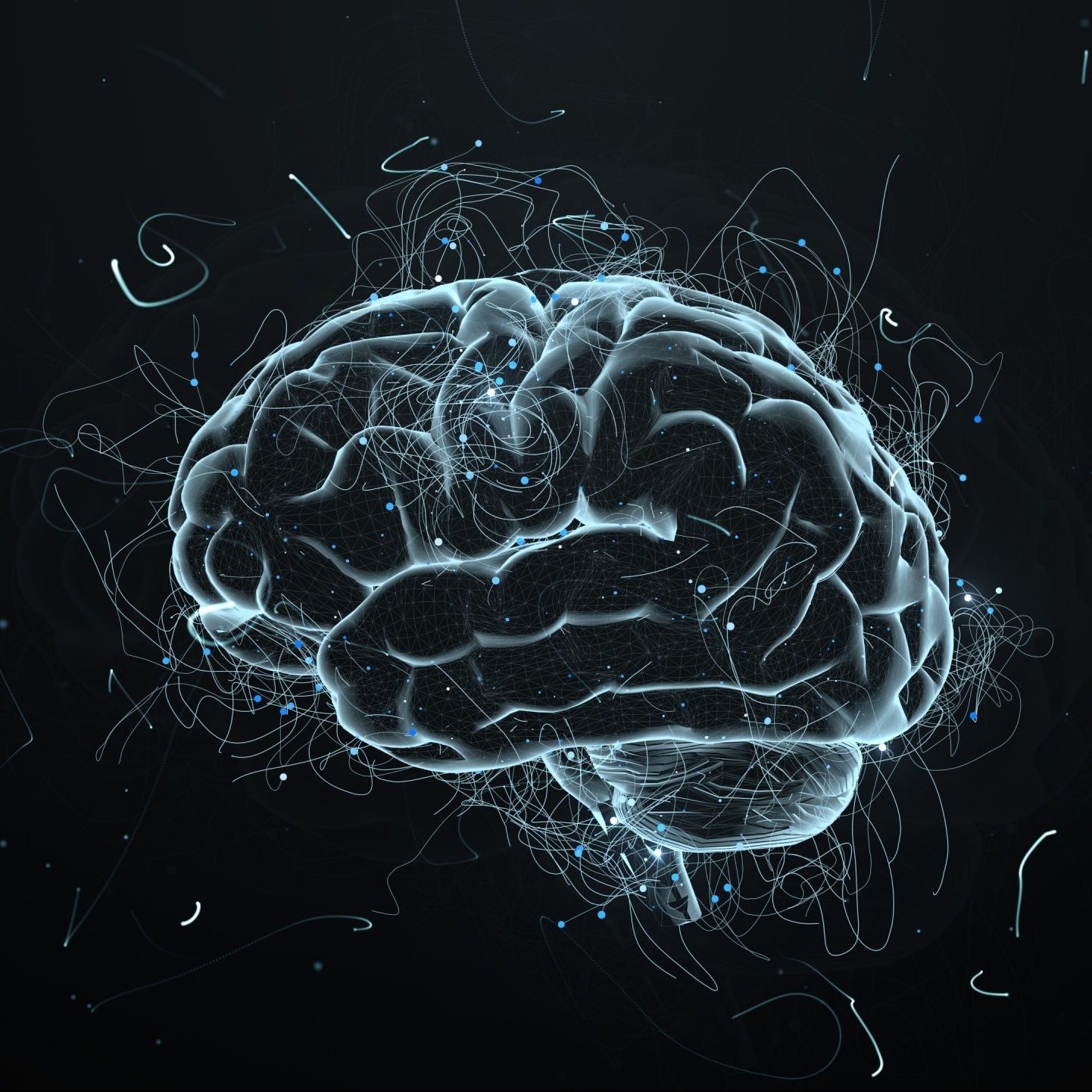 3d render abstract background with brain that surrounded with particles with twisted trails. Trails and particles are symoizing ideas.